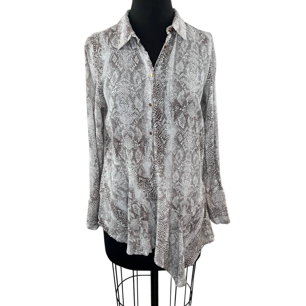 ZARA Basic White Brown Snakeskin Print Long Sleeve Button-Down Shirt Size Small